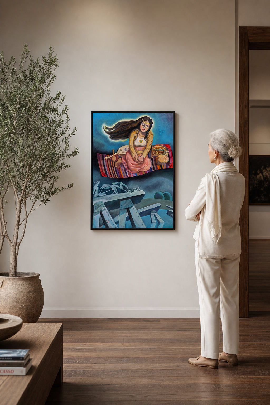 Woman Flying on Carpet Over Ruins - shown to scale