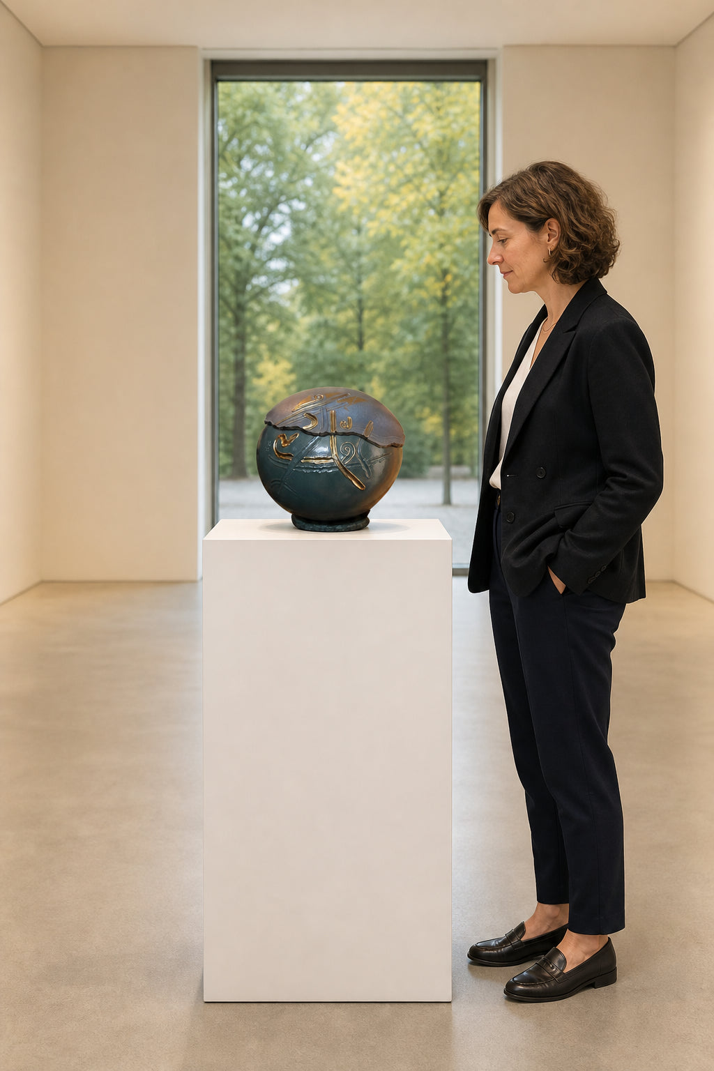 Round Ceramic Vessel with Gold Engravings - shown to scale
