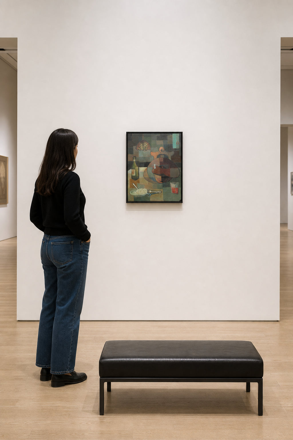Cubist Table with Lamp and Bottle - shown to scale