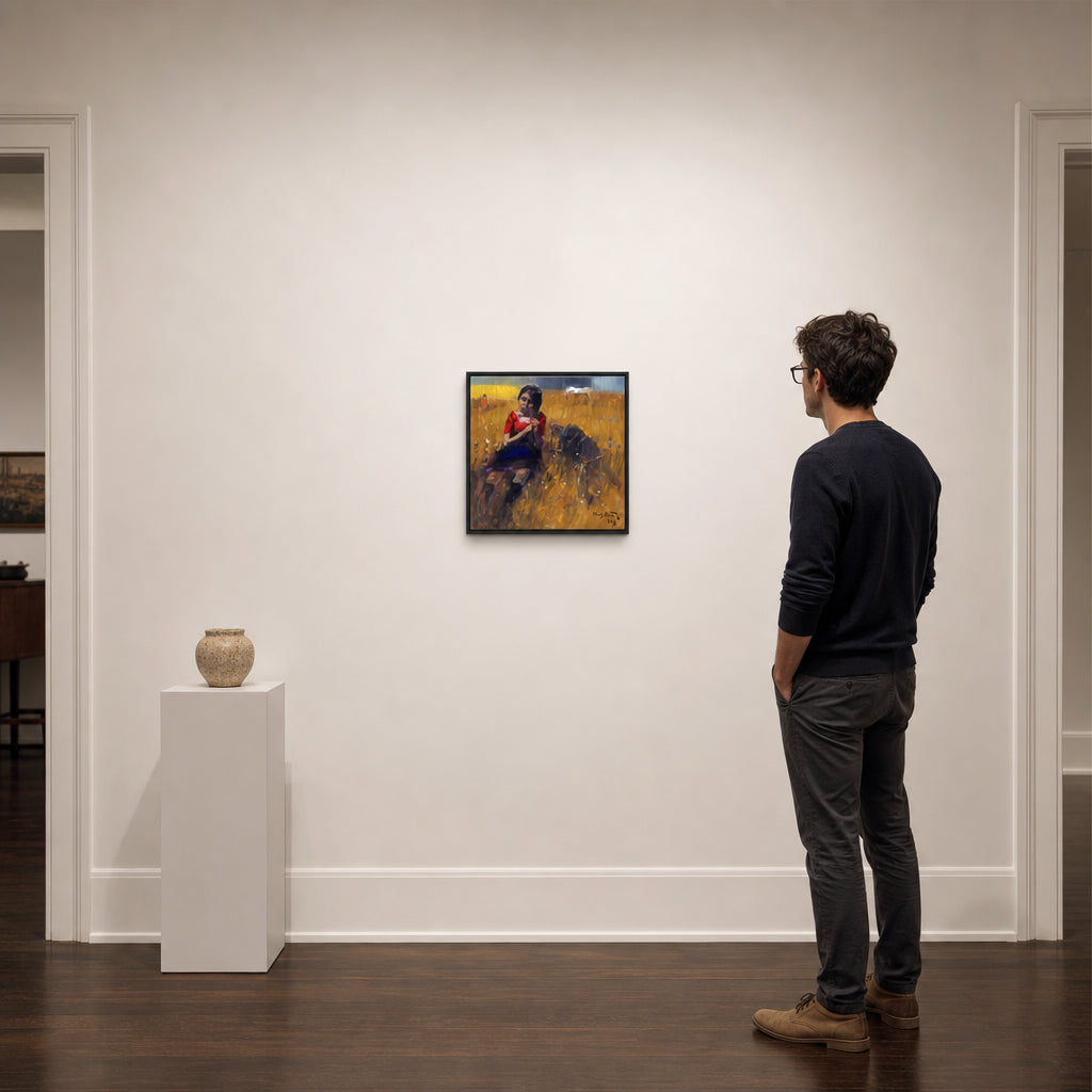 Girl and Dog in Golden Field - shown to scale