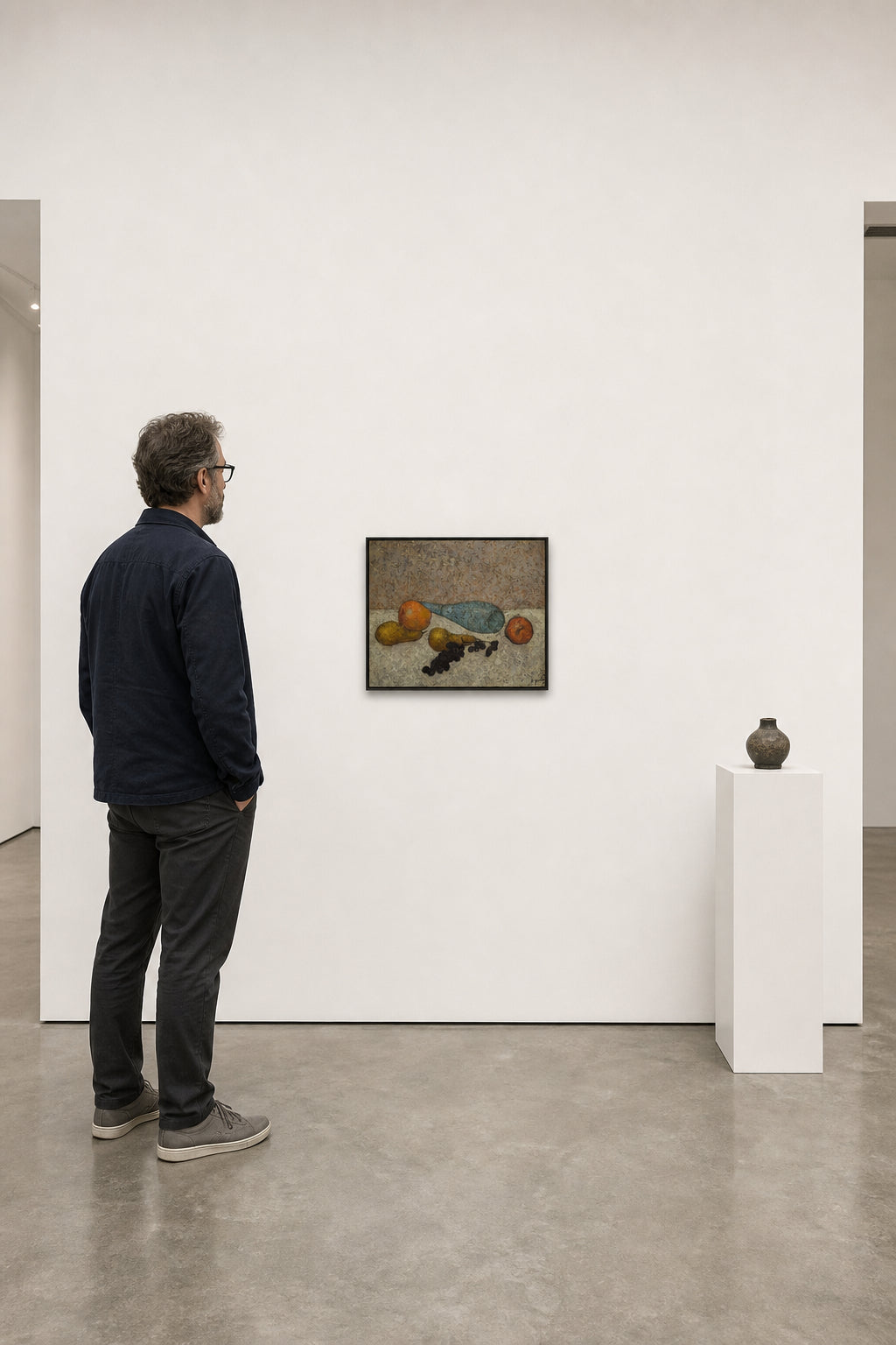 Still Life Fruit and Blue Bottle - shown to scale