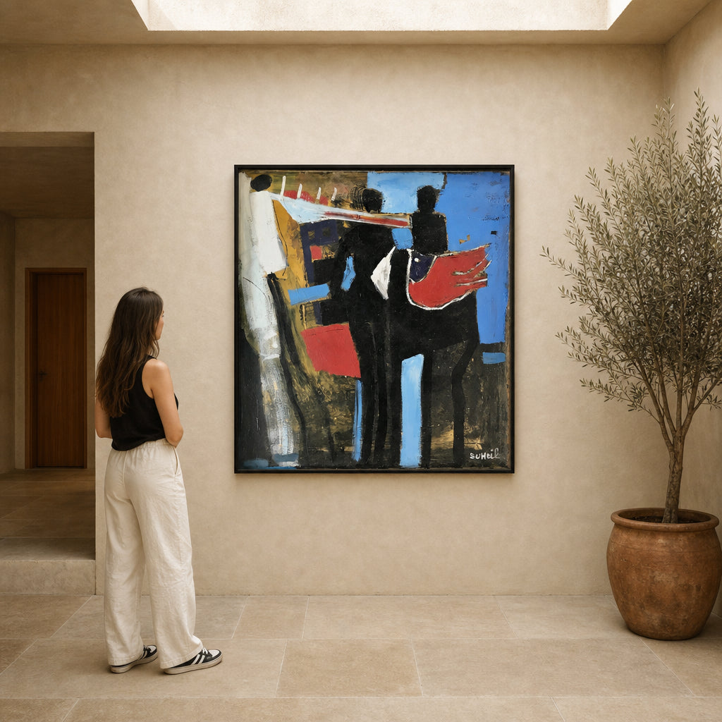 Two Black Figures with Red Flag - shown to scale