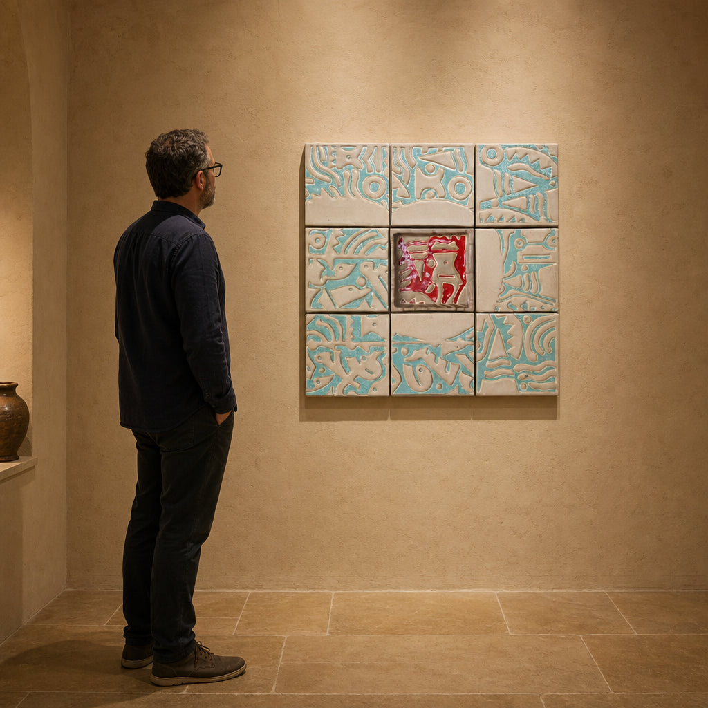 Nine Ceramic Tiles with Abstract Relief - shown to scale