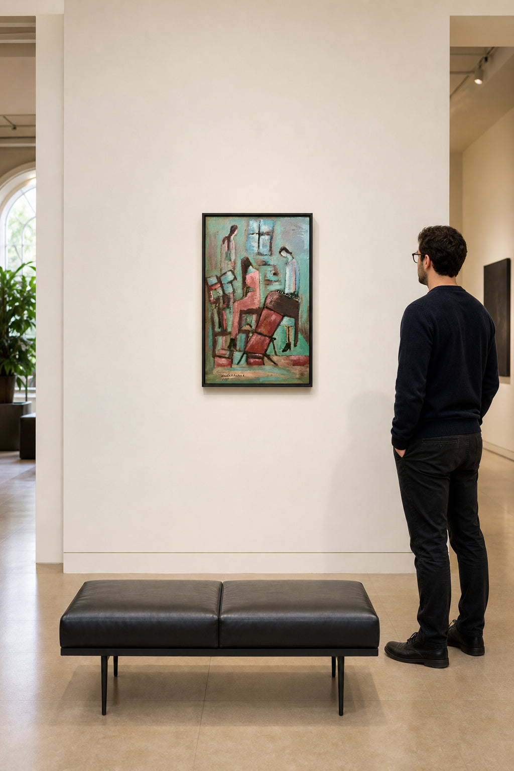 Three Figures with Red Chairs Indoors - shown to scale
