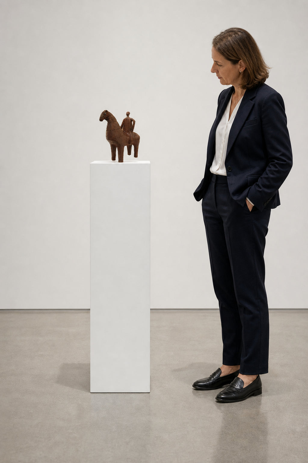 Rider on Horse Burned Clay Sculpture - shown to scale