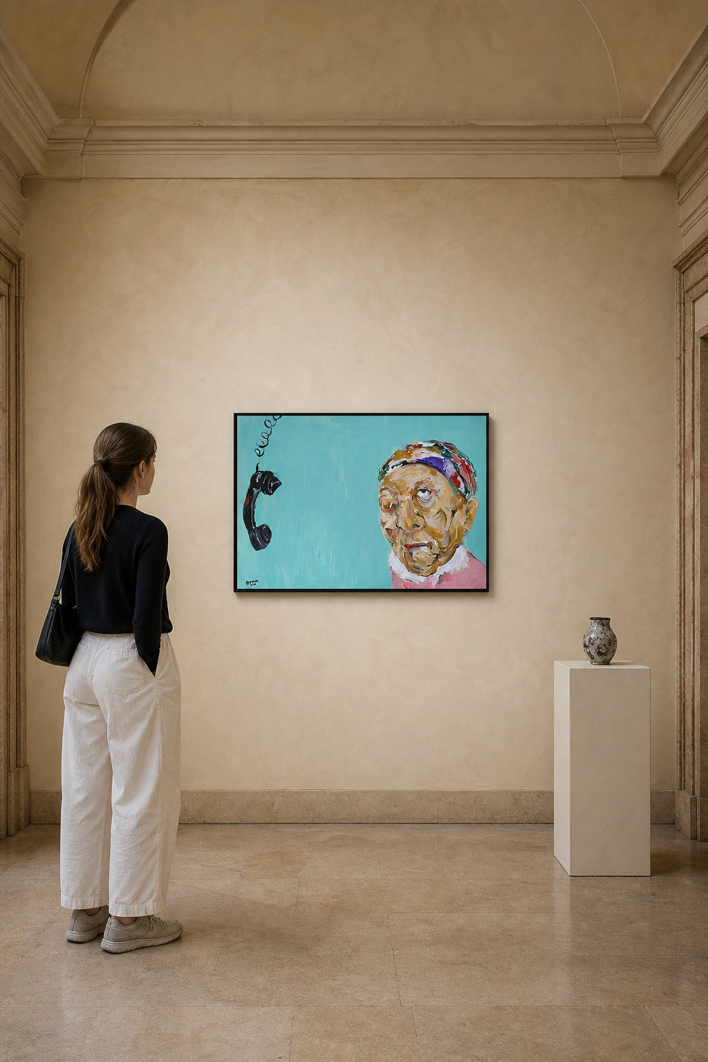 Elderly Woman with Hanging Telephone - shown to scale