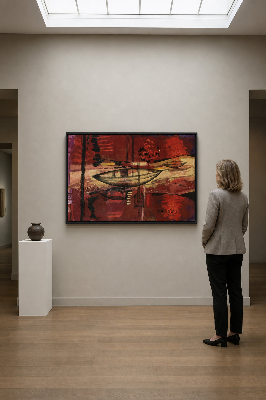Two Boats on Abstract Red Landscape - shown to scale