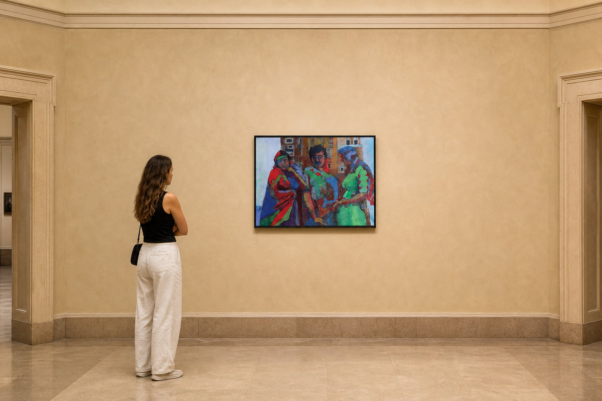 Three Figures Before Urban Buildings - shown to scale
