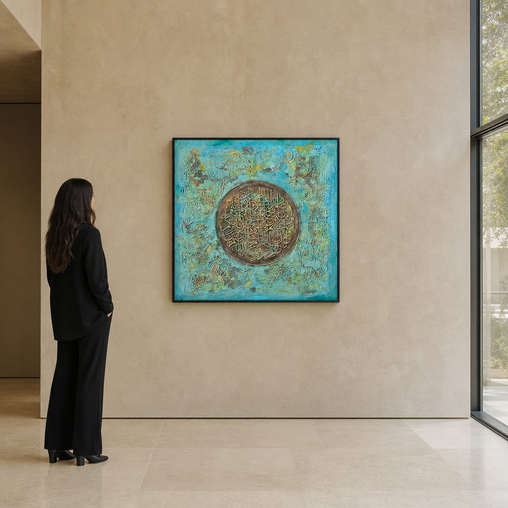 Arabic Calligraphy on Turquoise Medallion - shown to scale