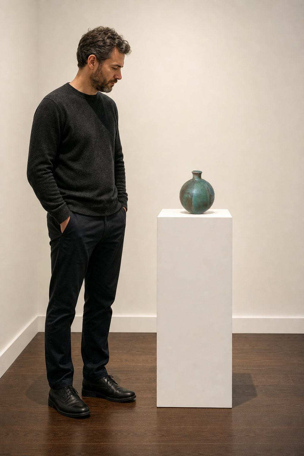 Round Glazed Ceramic Vase Green Brown - shown to scale