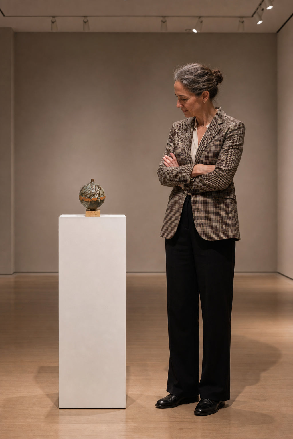 Glazed Spherical Ceramic Vessel on Base - shown to scale