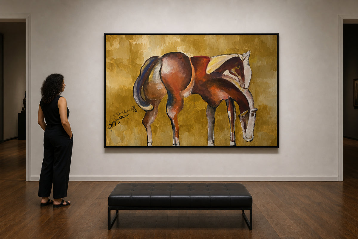 Brown Horse Grazing on Golden Ground - shown to scale