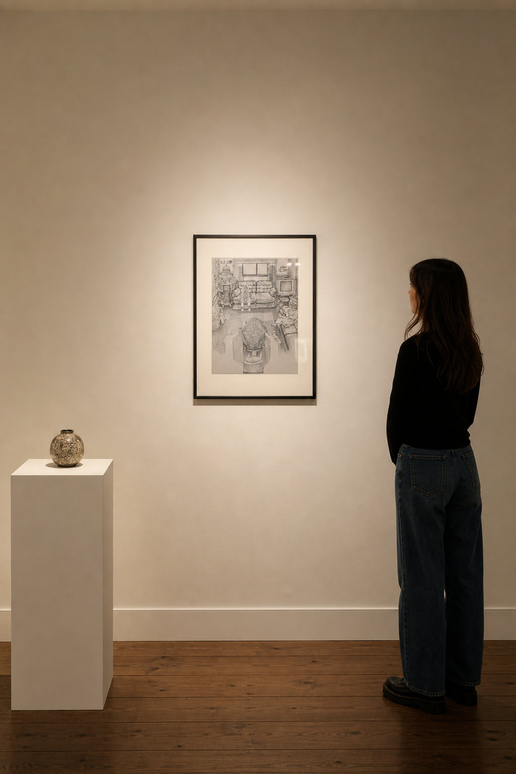Figures Seated in Furnished Interior Room - shown to scale