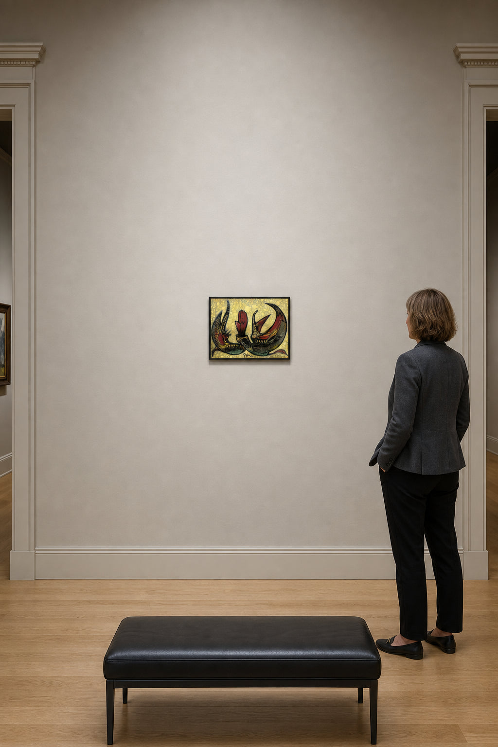 Two Stylized Birds on Golden Ground - shown to scale
