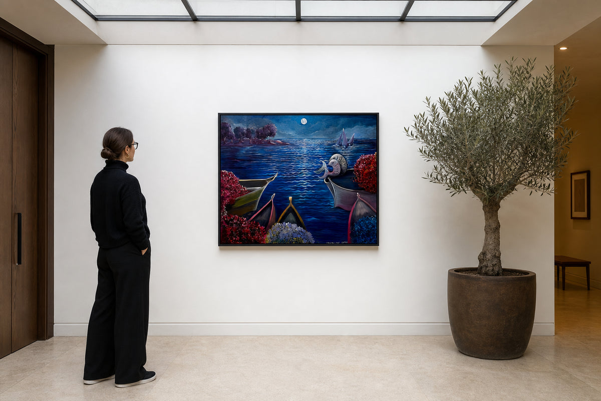 Moonlit Sea With Boats and Flowers - shown to scale