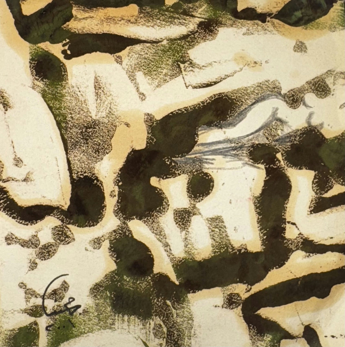 Original Mixed media 'Abstract Green and Beige Composition' by Mohammad Bushnaq