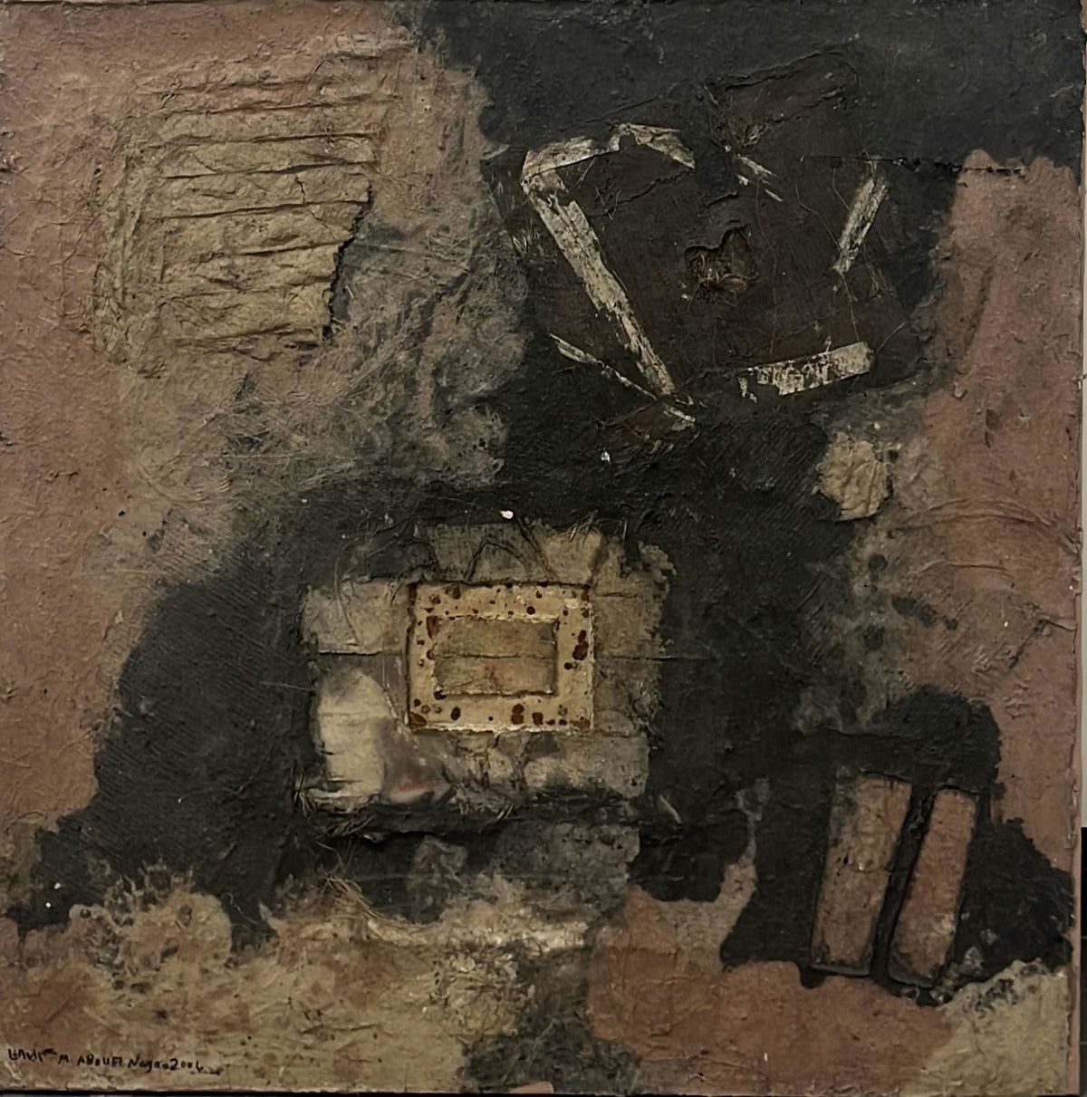 Original Mixed media 'Dark Abstract Collage with Embedded Objects' by Mohammad Abu AlNaja