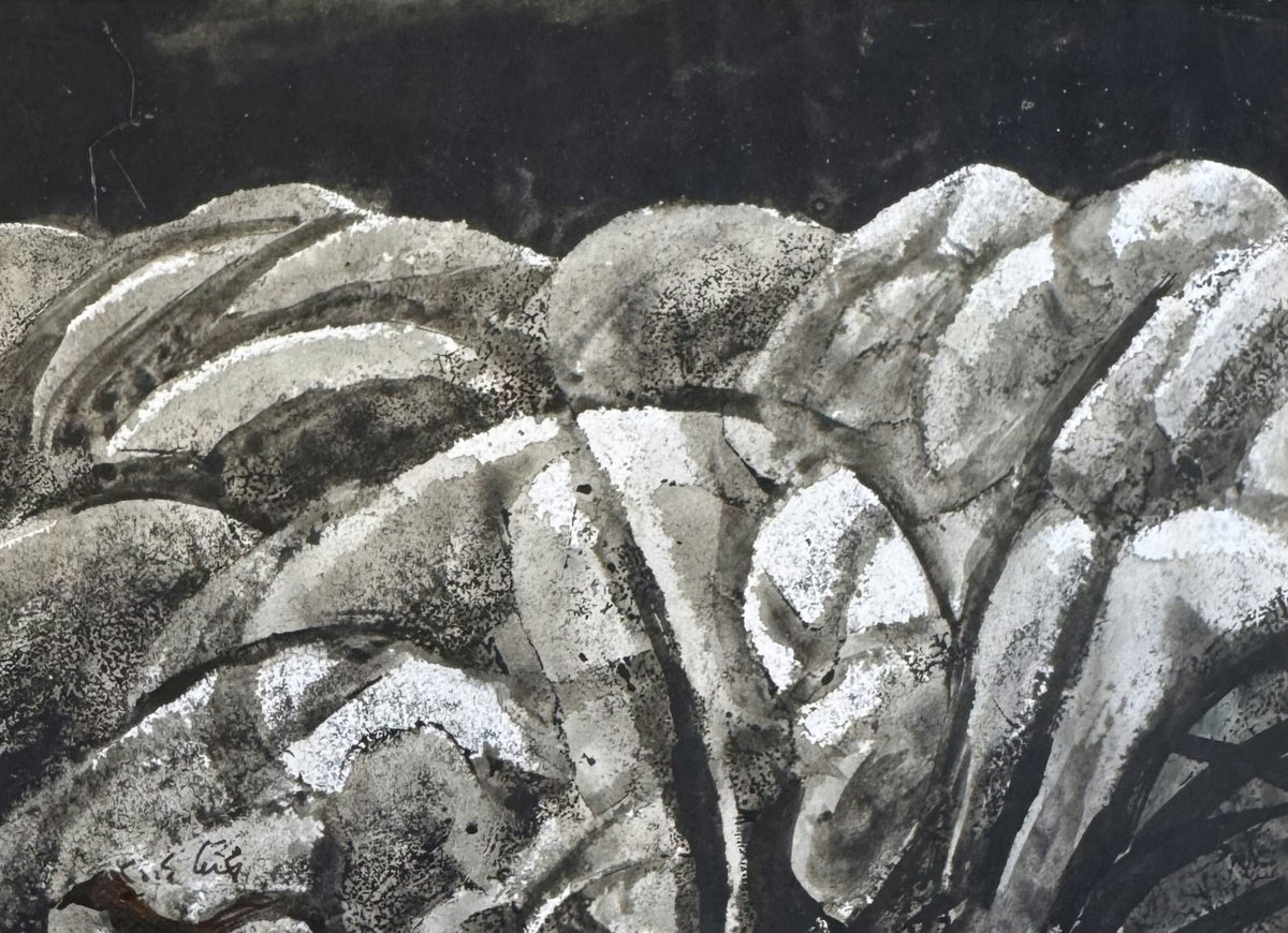 Original Mixed media 'Abstract Rocky Landscape in Black White' by Mohammad Bushnaq