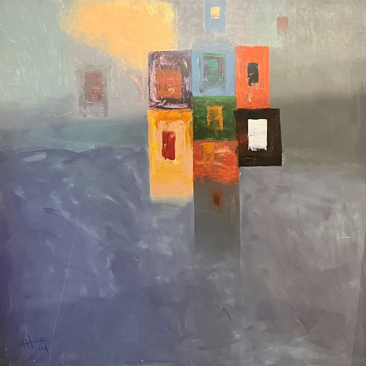 Original Acrylic 'Coloured Rectangles on Grey Ground' by Ghassan Abulaban   