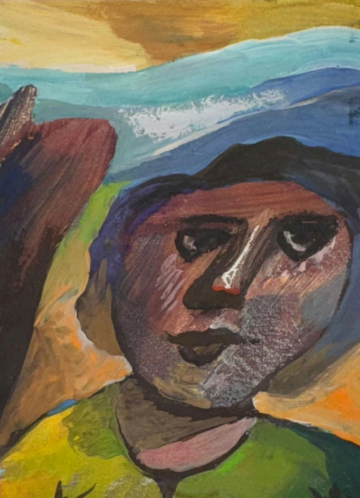 Original Mixed media 'Figure with Blue Headscarf Landscape' by Mohammad Bushnaq