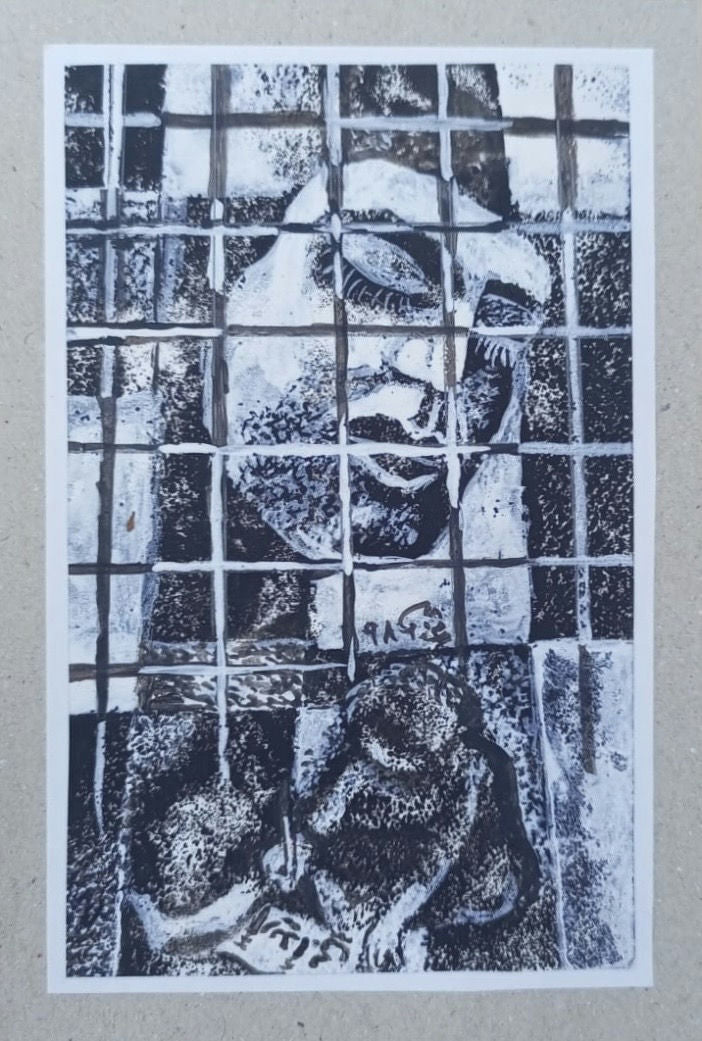 Original Pastel 'Figure Behind Bars Writing' by Mohammad Bushnaq