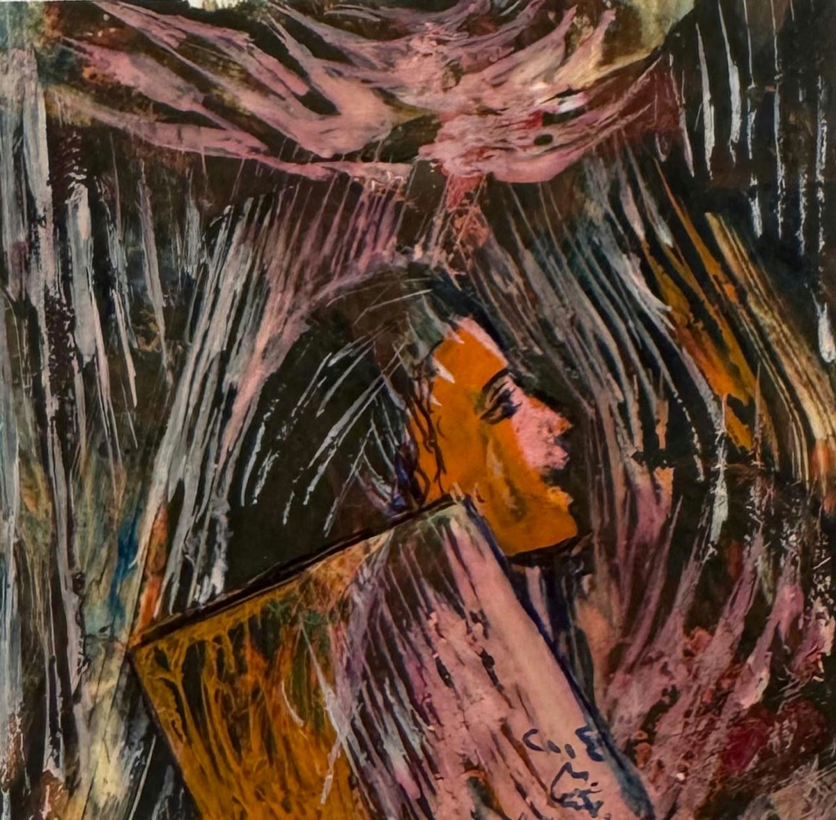 Original Mixed media 'Woman in Profile Against Dark Background' by Mohammad Bushnaq