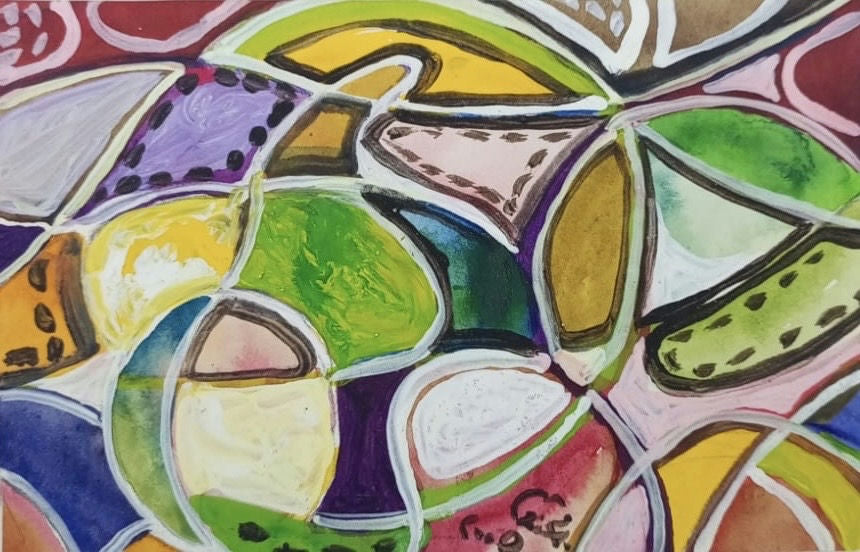Original Watercolor 'Vibrant Abstract Curved Shapes Composition' by Mohammad Bushnaq
