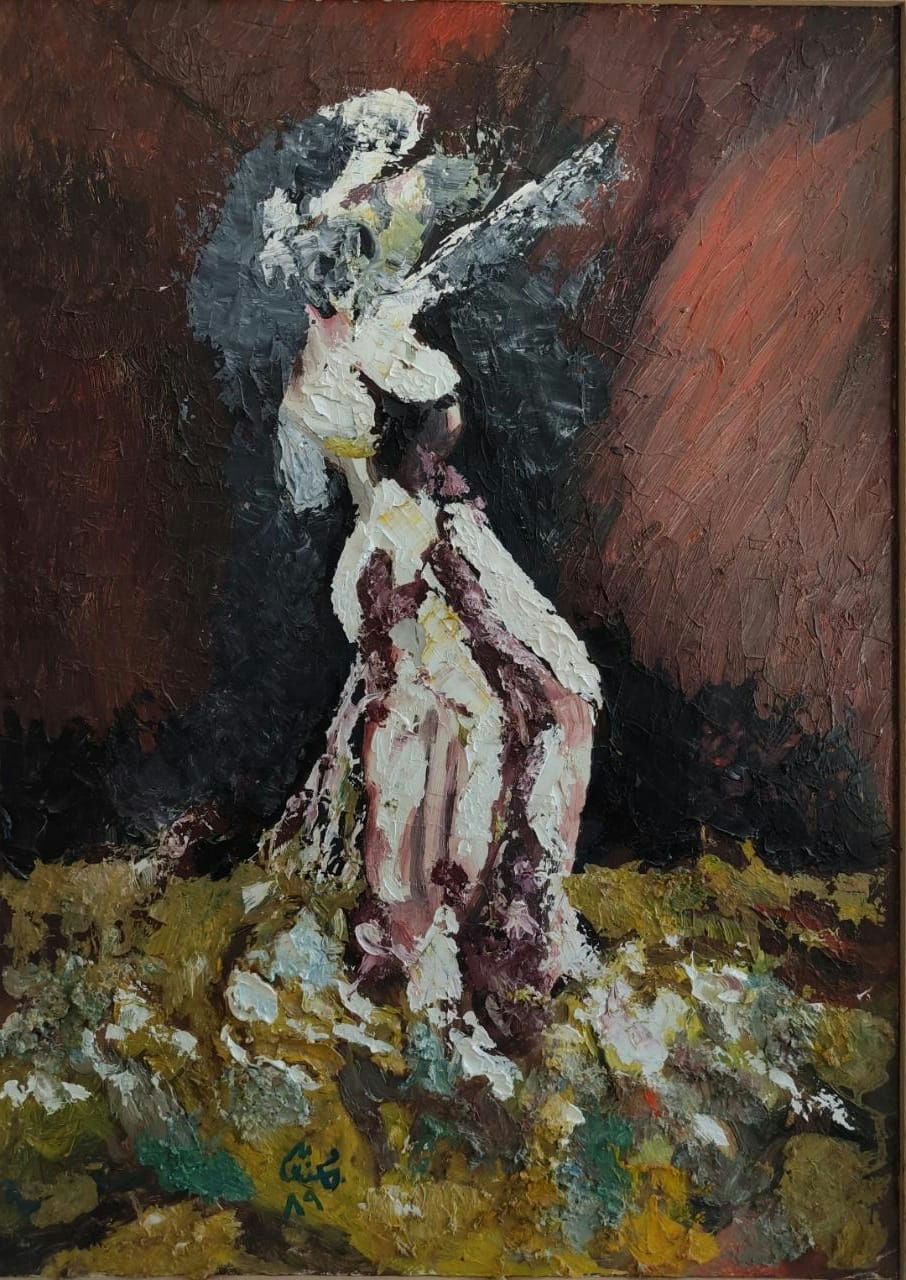 Original Oil 'Woman in White Dress Standing' by Mohammad Bushnaq