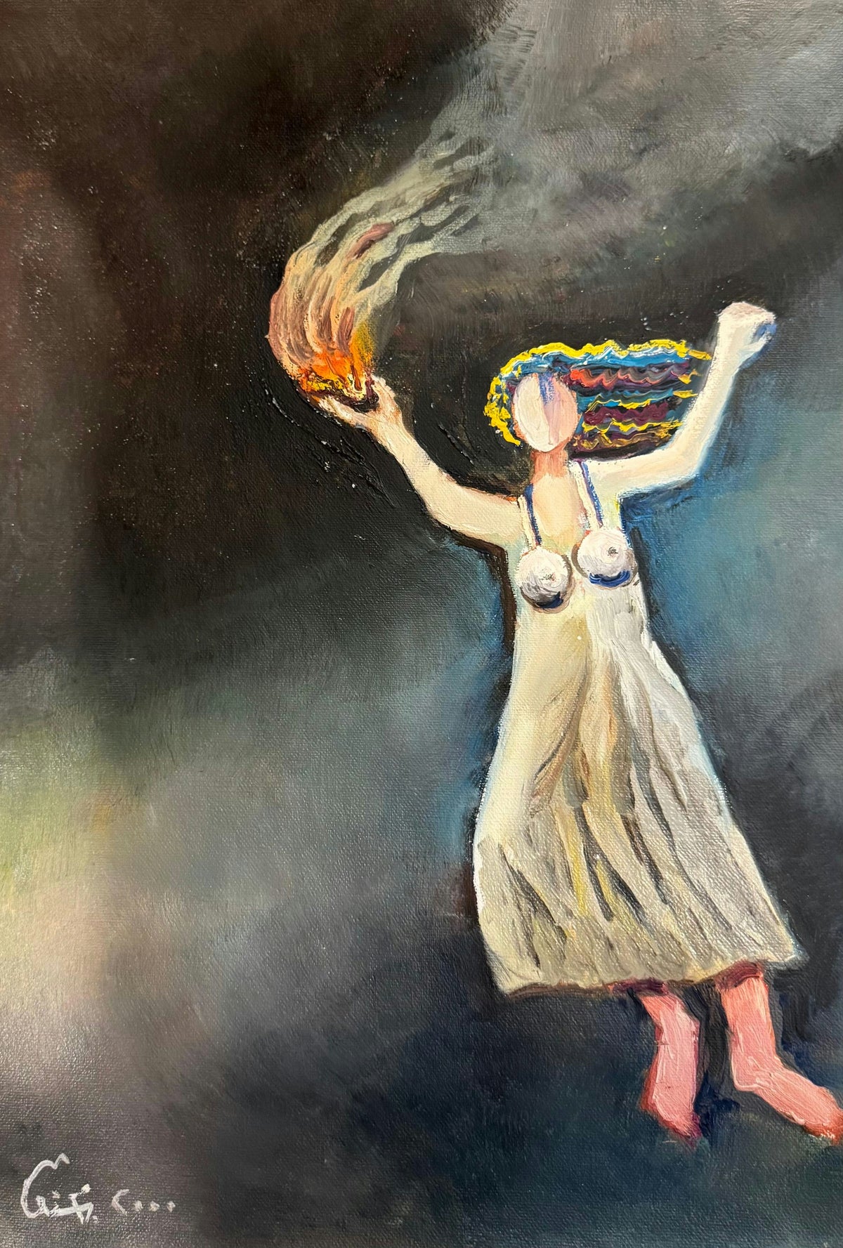 Original Oil 'Woman Holding Flame in Dark Sky' by Mohammad Bushnaq