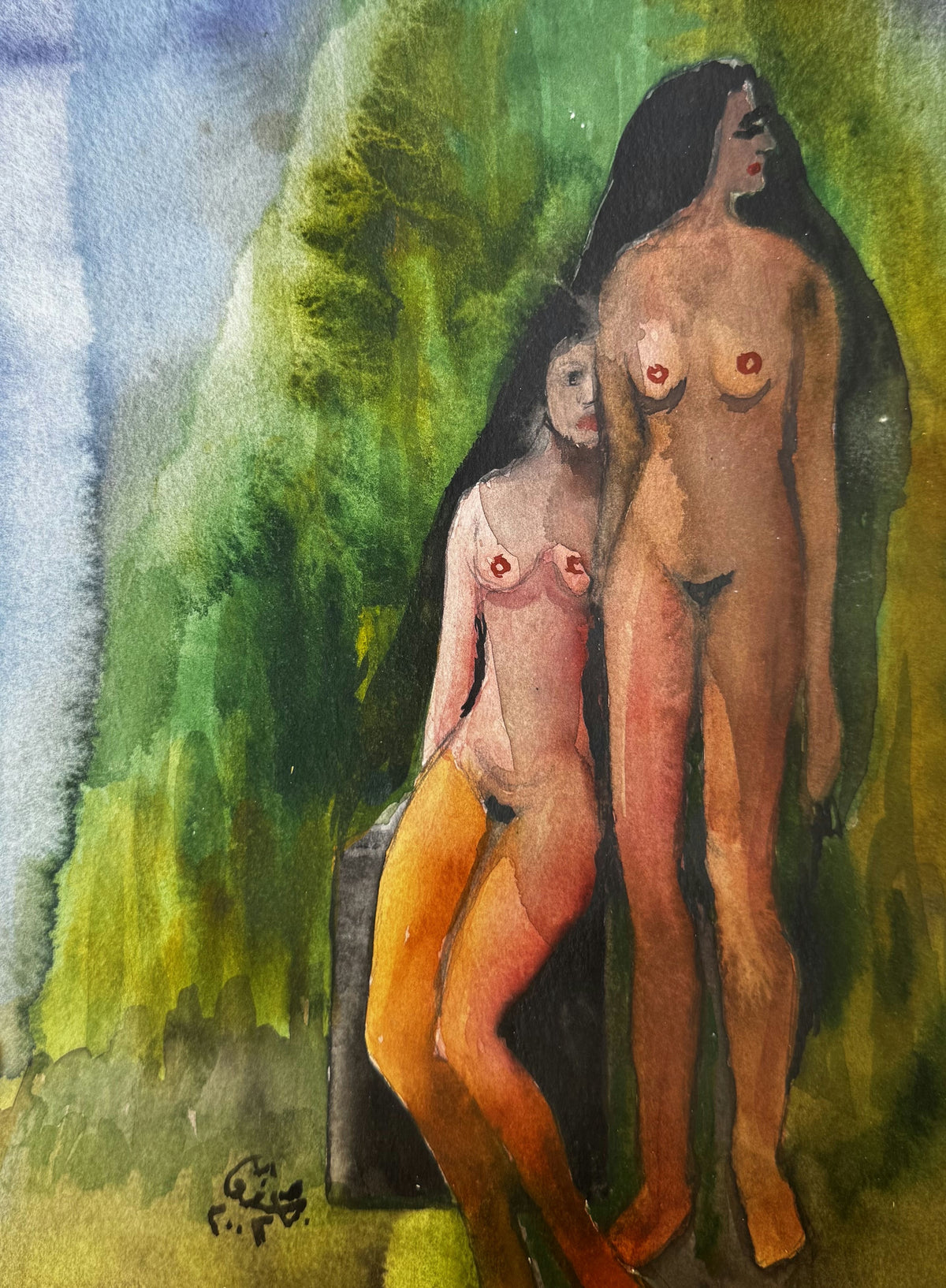 Original Mixed media 'Two Nude Figures Before Green Trees' by Mohammad Bushnaq