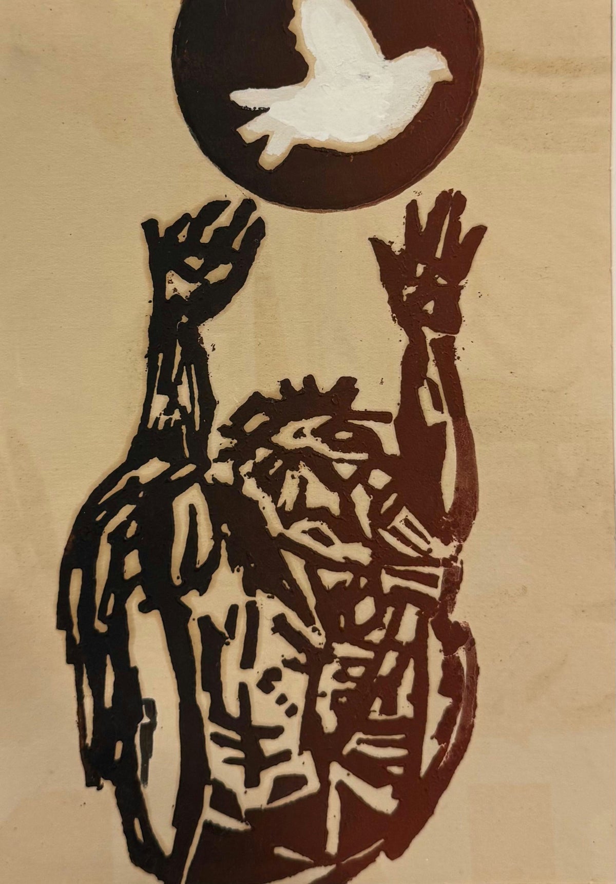 Original Watercolor 'Figure Raising Hands Toward White Dove' by Mohammad Bushnaq