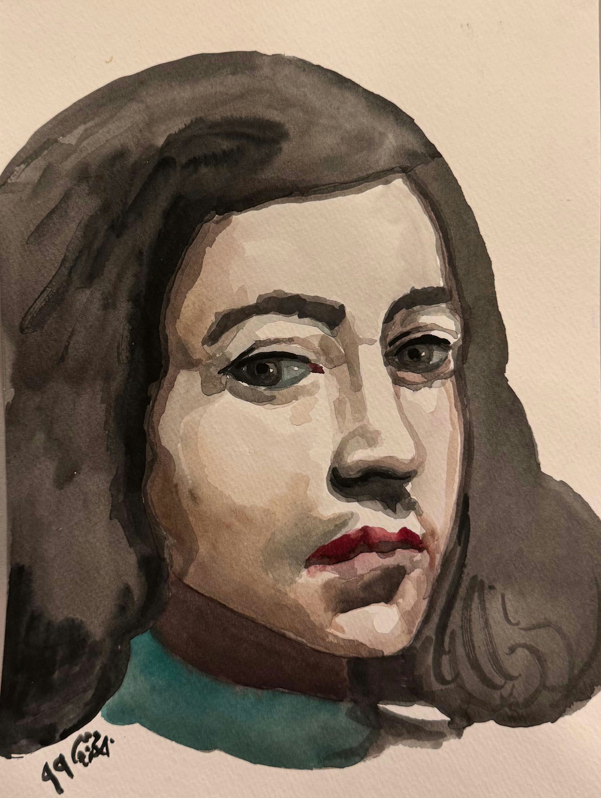 Original Watercolor 'Portrait of a Woman with Dark Hair' by Mohammad Bushnaq