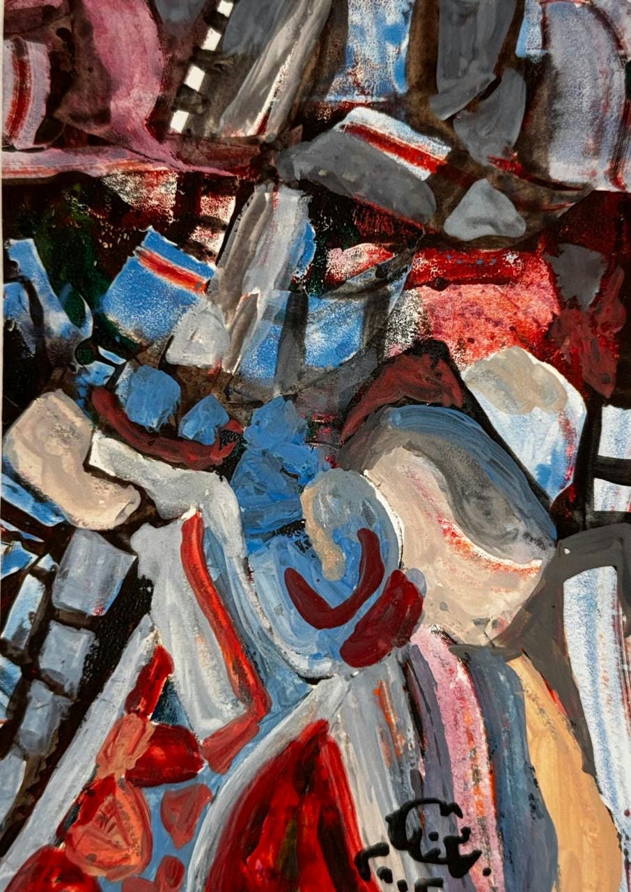 Original Mixed media 'Abstract Fragmented Forms in Blue Red' by Mohammad Bushnaq