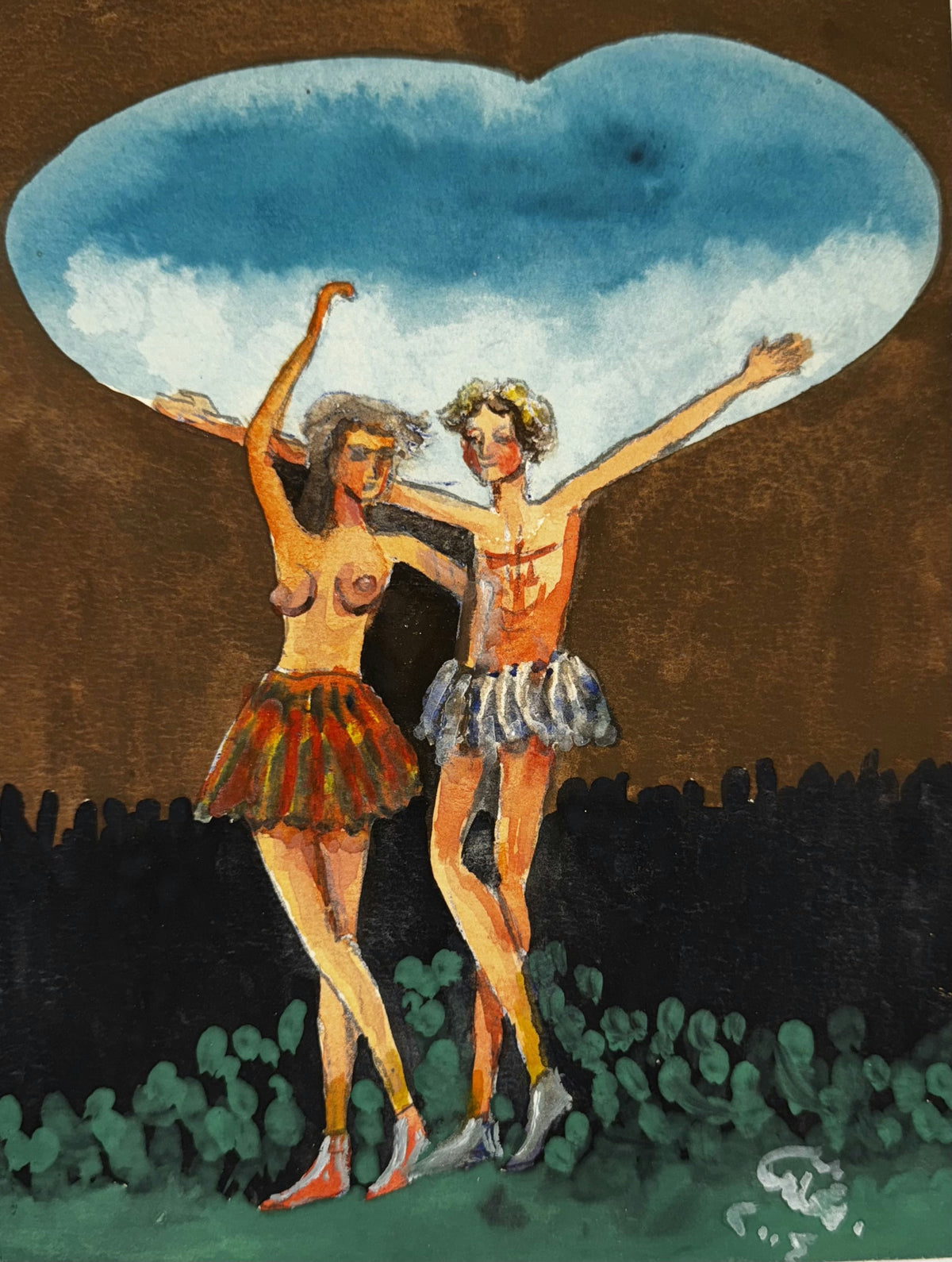 Original Mixed media 'Two Figures Dancing Under Cloud' by Mohammad Bushnaq