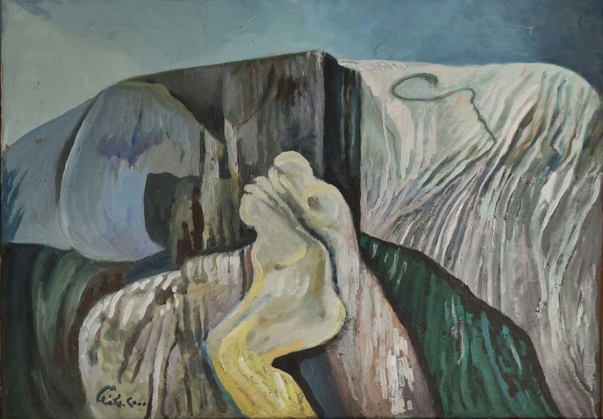 Original Oil 'Abstract Figure Among Rocky Landscape' by Mohammad Bushnaq