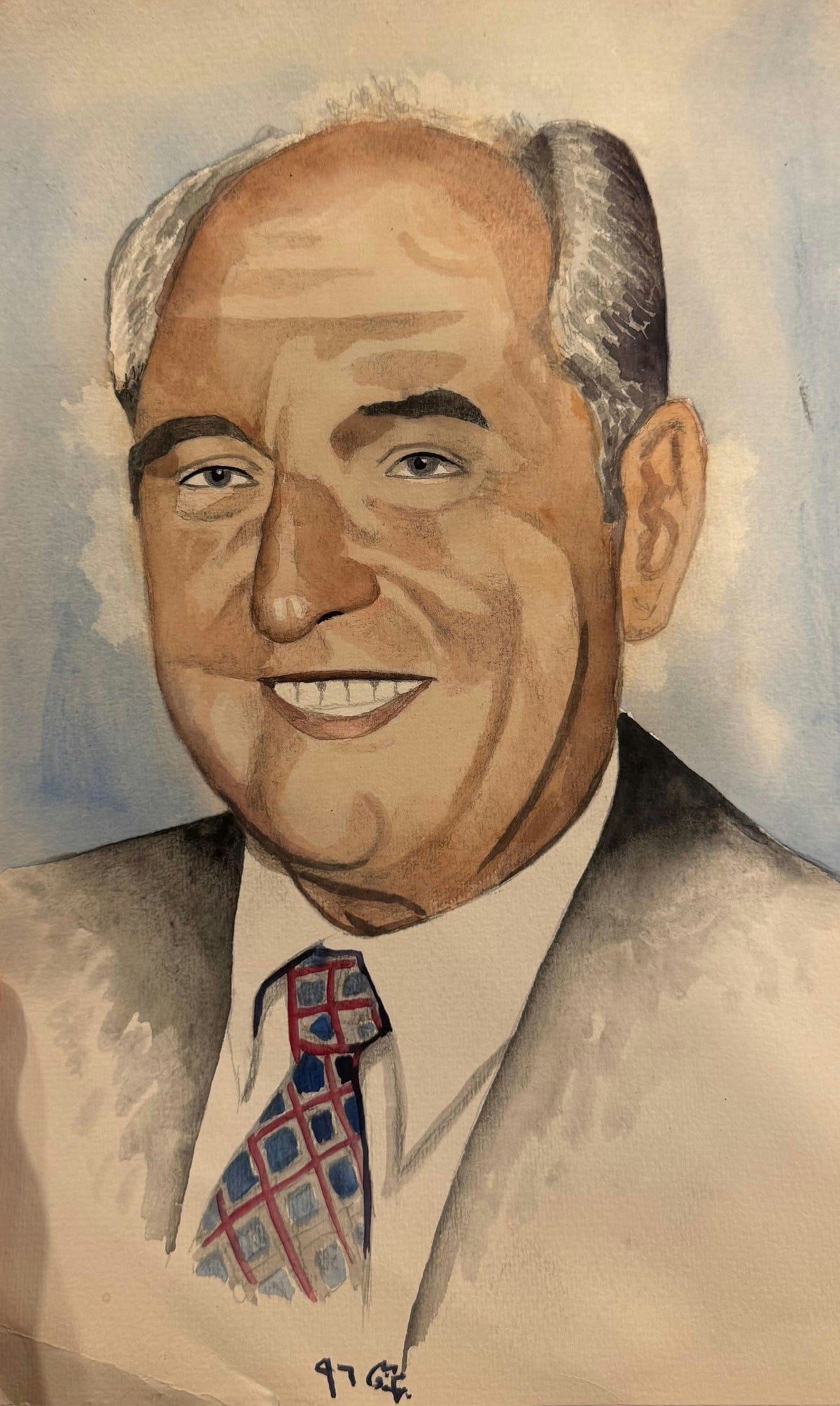 Original Watercolor 'Portrait of Smiling Man in Suit' by Mohammad Bushnaq