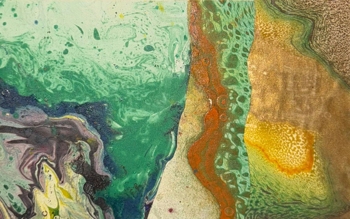 Original Mixed media 'Green and Orange Abstract Fluid Forms' by Mohammad Bushnaq