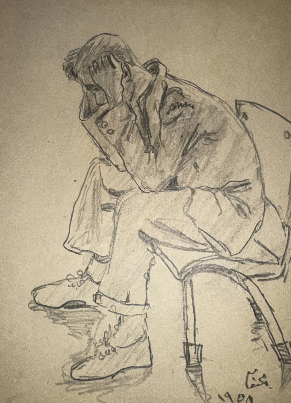 Original Mixed media 'Seated Man Head in Hands' by Mohammad Bushnaq