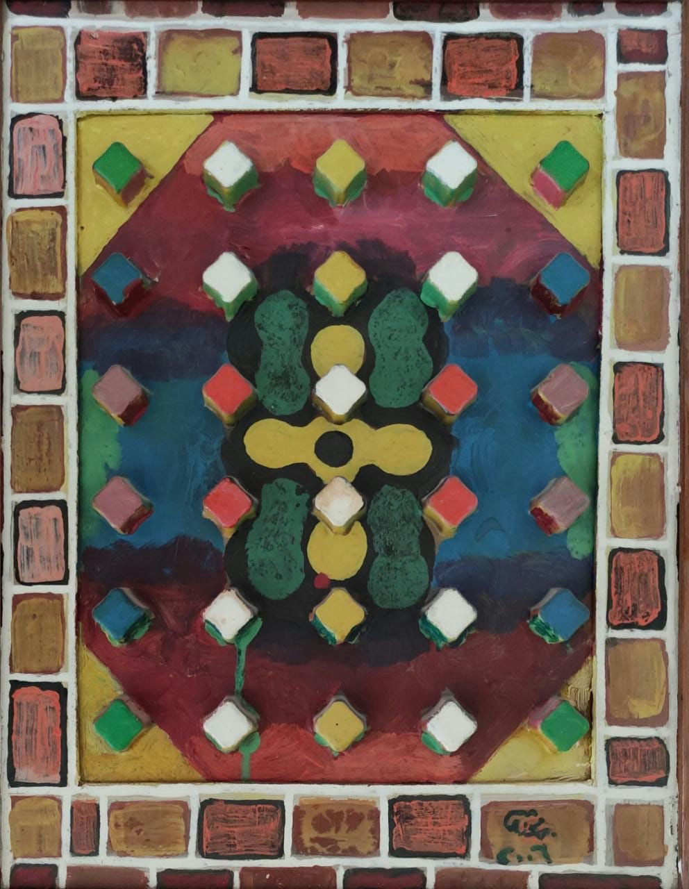 Original Mixed media 'Symmetrical Geometric Pattern with Coloured Cubes' by Mohammad Bushnaq