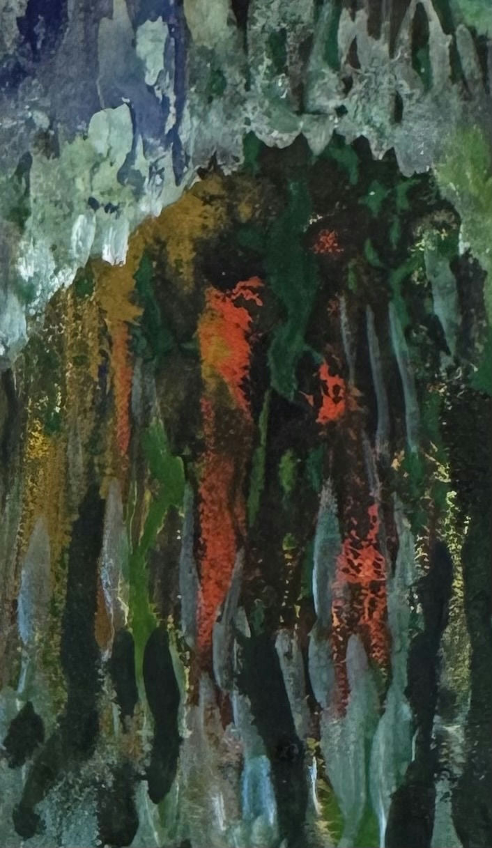 Original Mixed media 'Dark Green and Red Abstract Forms' by Mohammad Bushnaq
