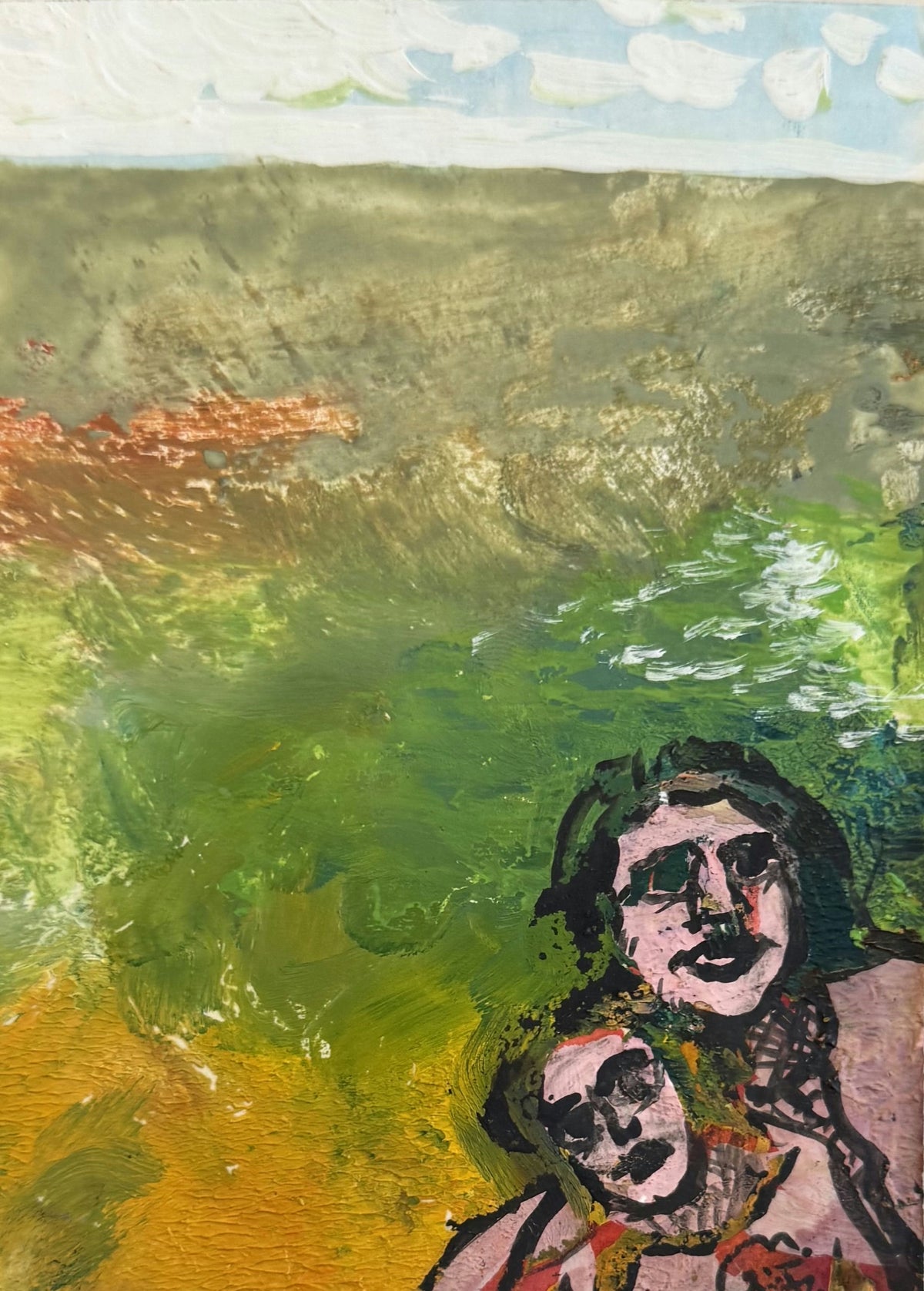 Original Mixed media 'Two Figures in Green Landscape' by Mohammad Bushnaq