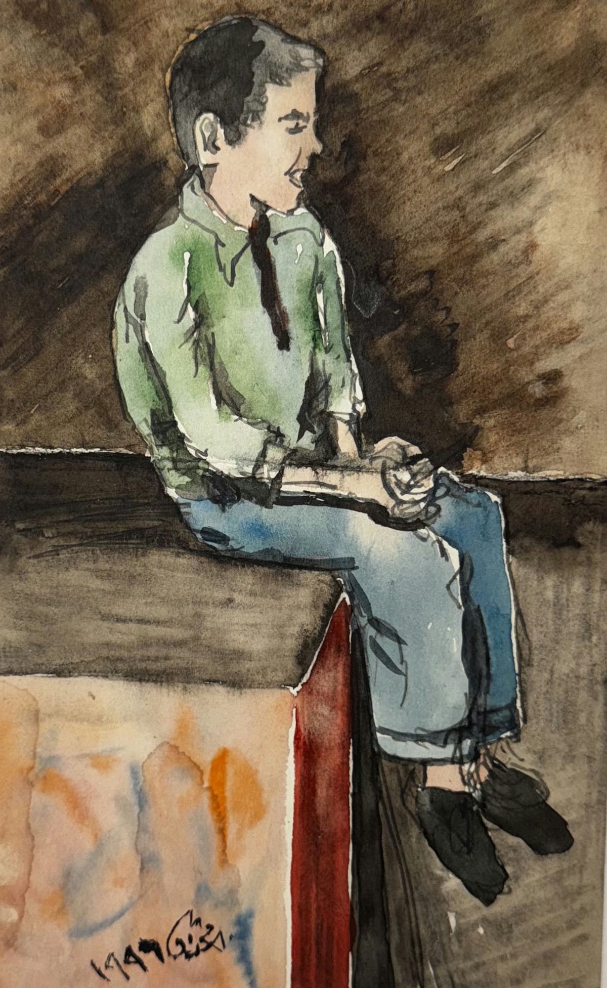 Original Mixed media 'Boy Sitting on a Ledge' by Mohammad Bushnaq