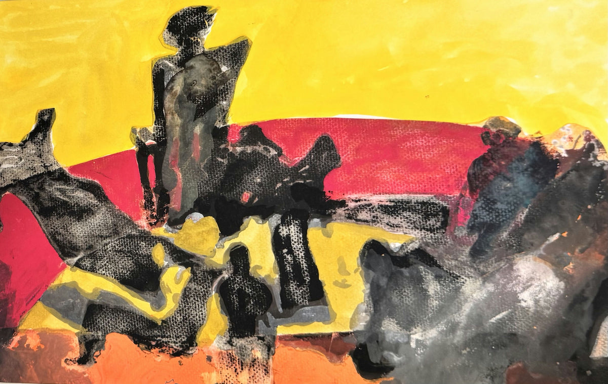 Original Mixed media 'Abstract Figures on Yellow and Red' by Mohammad Bushnaq
