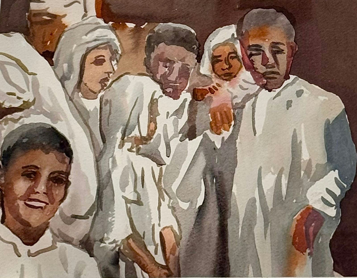 Original Ink & Pencil (Sketches) 'Group of Figures in White Robes' by Mohammad Bushnaq