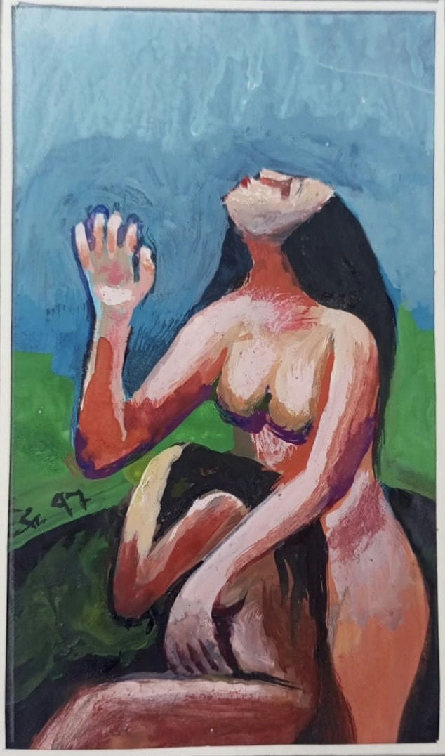 Original Watercolor 'Seated Female Figure Raised Hand' by Mohammad Bushnaq