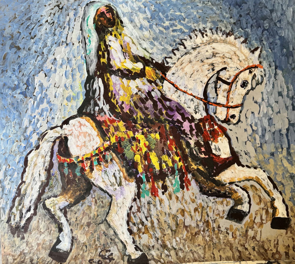 Original Mixed media 'Robed Rider on White Horse' by Mohammad Bushnaq