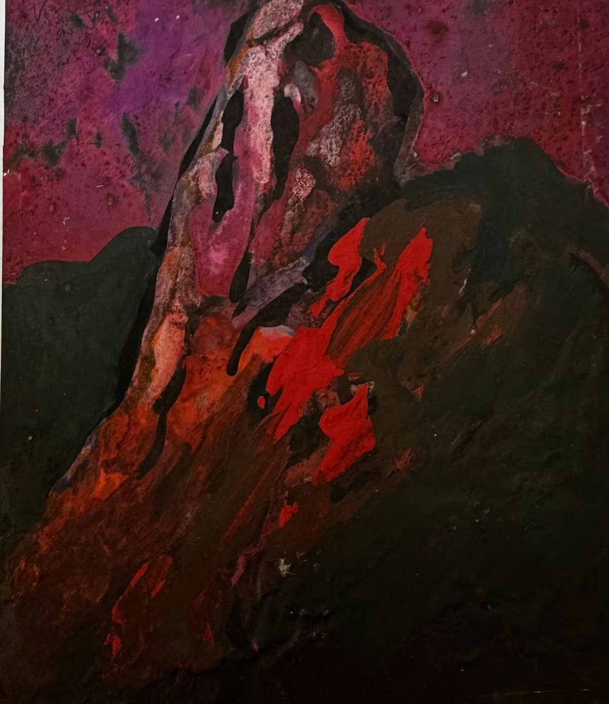 Original Mixed media 'Dark Rocky Formation with Red Glow' by Mohammad Bushnaq