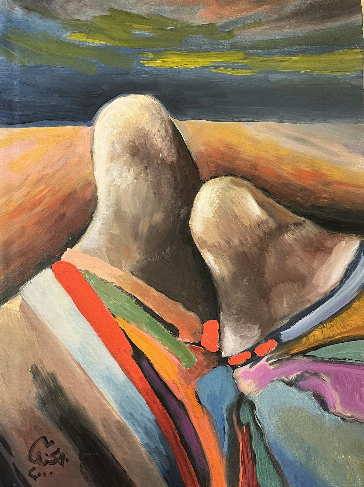 Original Mixed media 'Two Figures in Colorful Landscape' by Mohammad Bushnaq