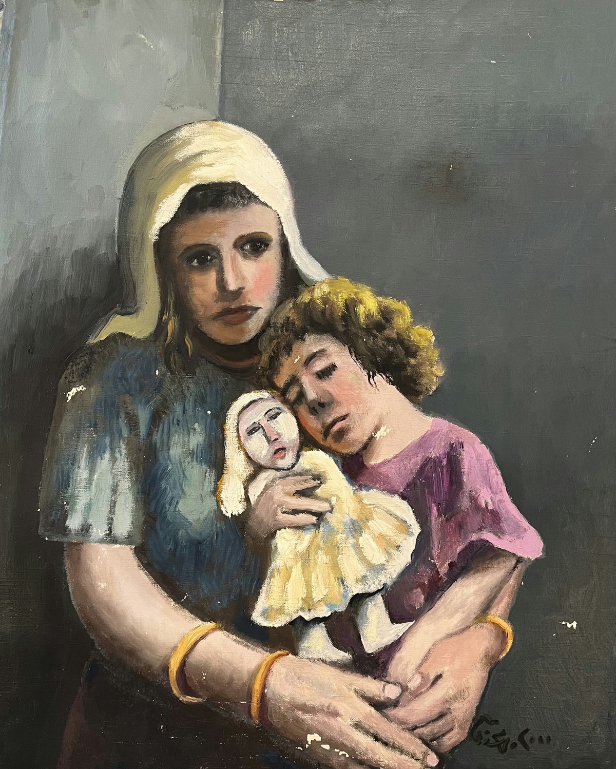 Original Mixed media 'Woman and Child Holding a Doll' by Mohammad Bushnaq