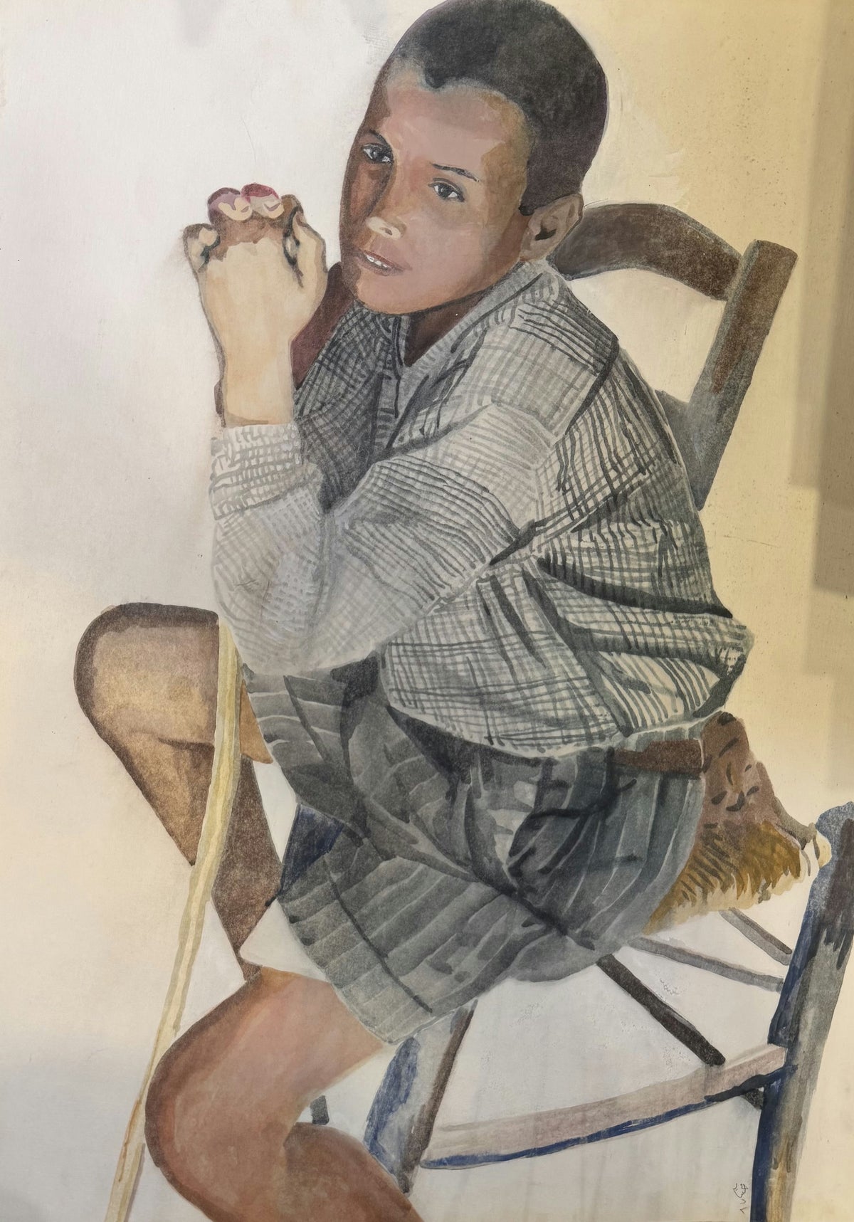 Original Mixed media 'Young Boy Seated on Wooden Chair' by Mohammad Bushnaq